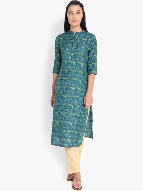 

rangeelo rajasthan Women Green & Blue Quirky Print Straight Kurta