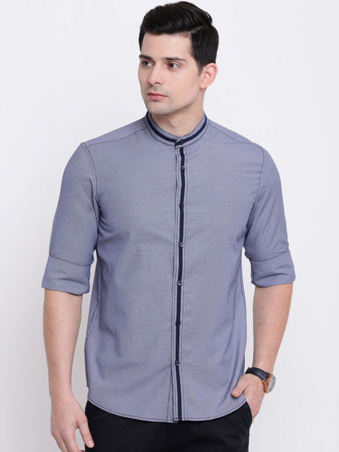 

AC&F Men Navy Blue Slim Fit Solid Casual Shirt