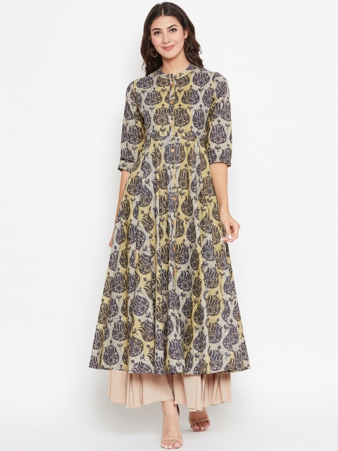 

rangeelo rajasthan Women Taupe & Yellow Printed A-Line Kurta