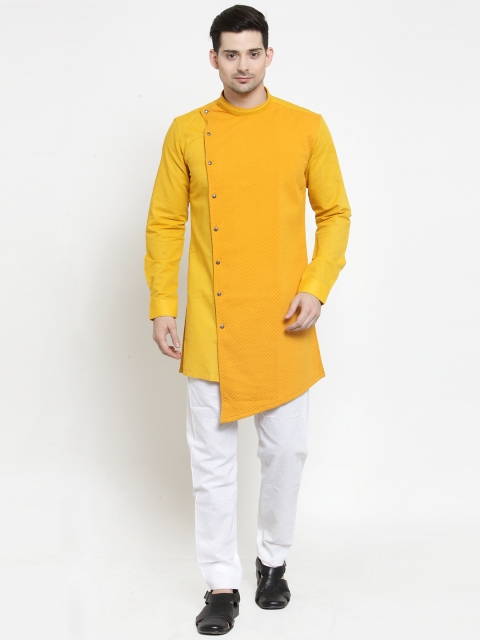 

RG DESIGNERS Men Yellow & White Self Design Kurta with Trousers
