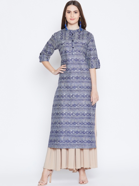 rangeelo rajasthan Women Blue Striped Straight Kurta