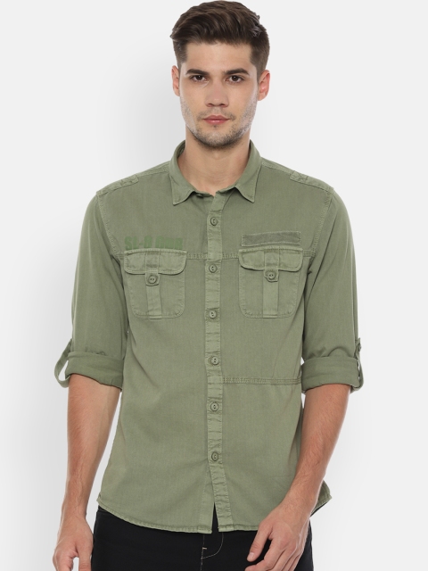 

People Men Olive Green Regular Fit Solid Casual Shirt
