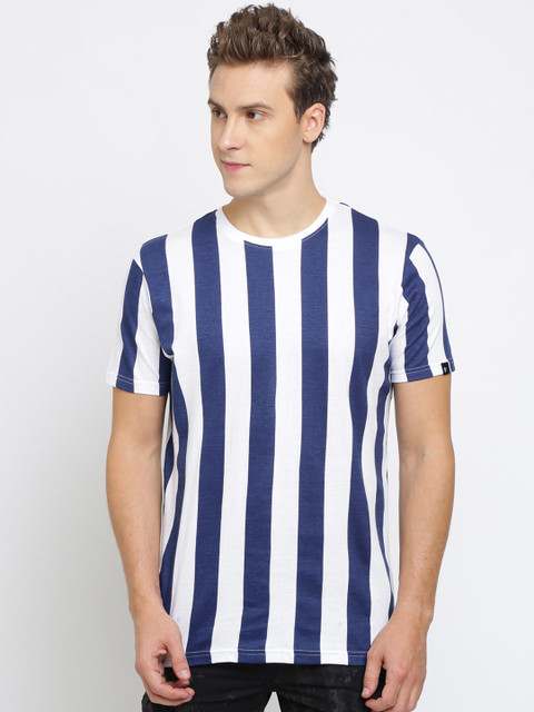 

Breakbounce Men White & Navy Blue Striped Round Neck T-shirt