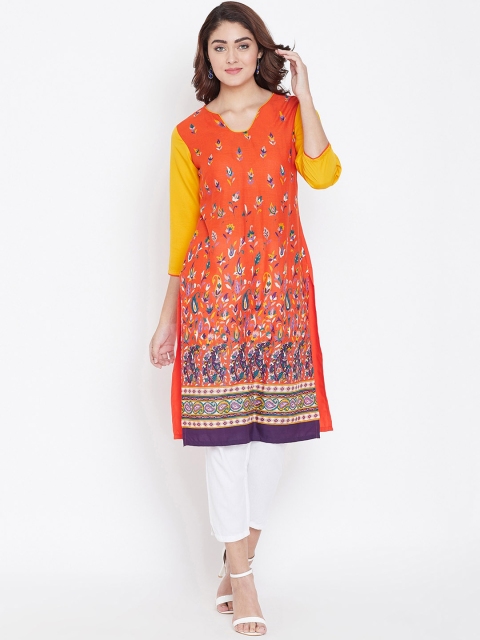 

Aask Women Orange & Yellow Printed Straight Kurti