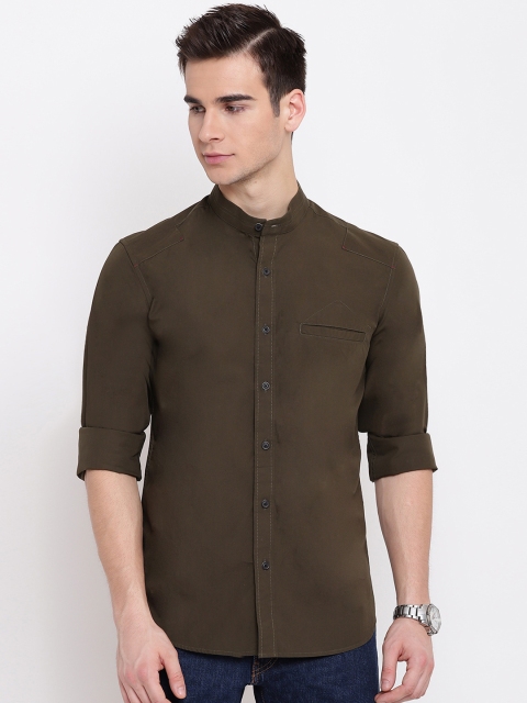 

AC&F Men Olive Green Slim Fit Solid Casual Shirt