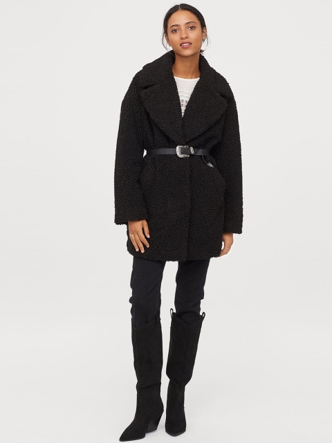 

H&M Women Black Solid Short Pile Coat