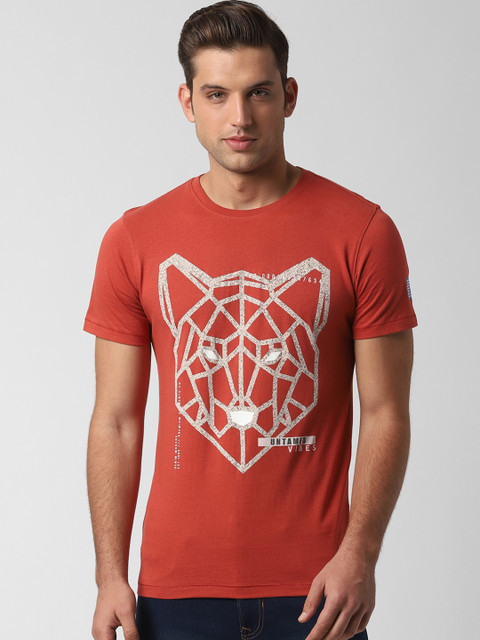 

Peter England Casuals Men Orange Printed Round Neck T-shirt