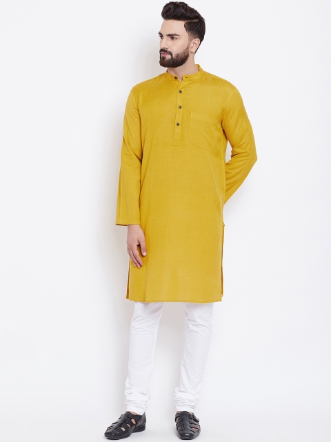 

even Men Mustard Yellow Solid Straight Kurta