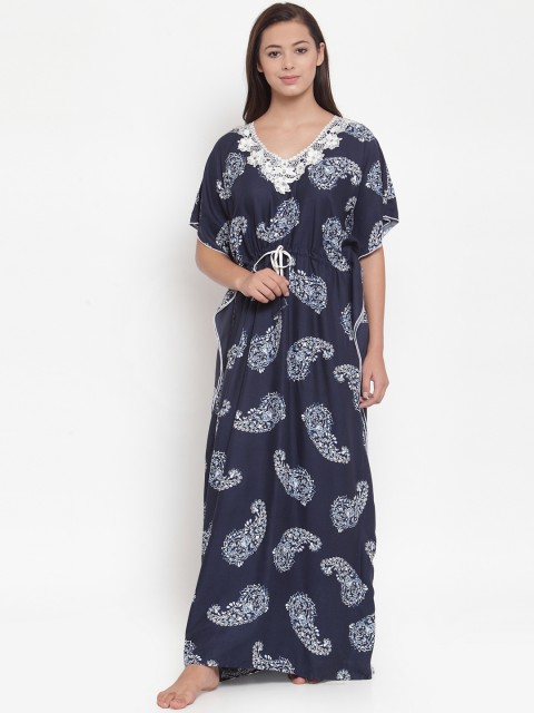 

Claura Women Navy Blue & White Printed Maxi Nightdress Cot-141