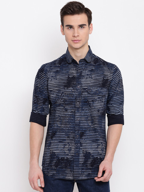 

AC&F Men Navy Blue Slim Fit Printed Casual Shirt