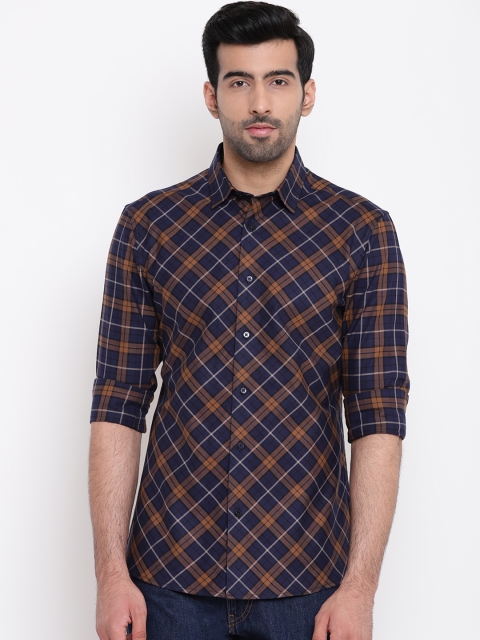 

AC&F Men Navy Blue & Beige Slim Fit Checked Casual Shirt