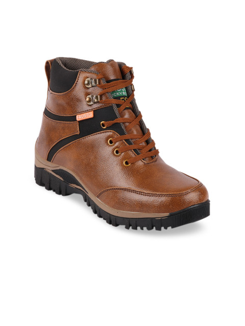 

FAUSTO Men Black & Tan Brown Colourblocked Mid-Top Flat Boots