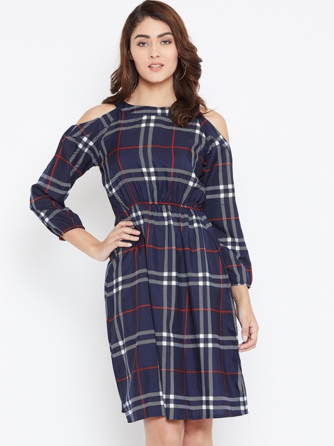 

AASK Women Navy Blue & Red Checked Blouson Dress