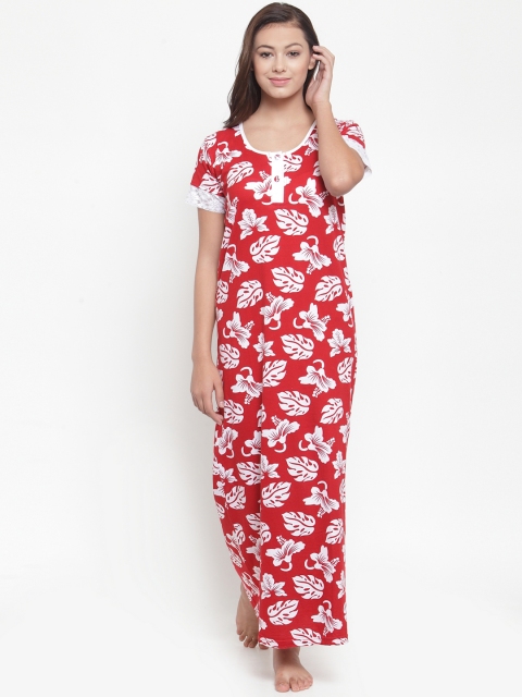 

Claura Women Red & White Printed Maxi Nightdress Cot-136