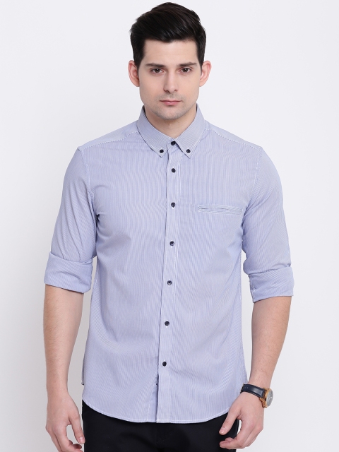 

AC&F Men Blue Regular Fit Striped Casual Shirt