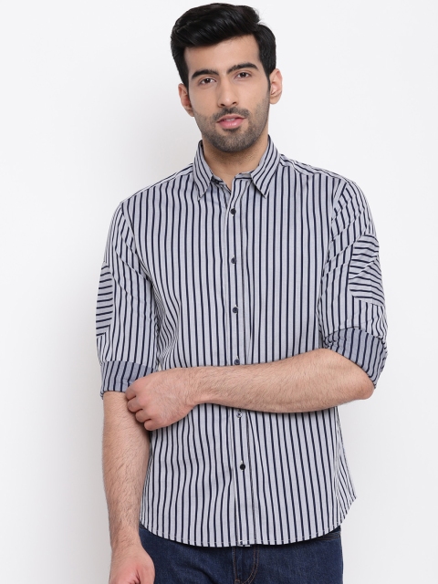 

AC&F Men Navy Blue & Grey Slim Fit Striped Casual Shirt