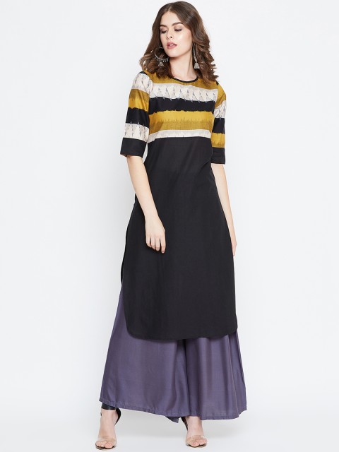 

rangeelo rajasthan Women Black & Yellow Colourblocked Straight Kurta