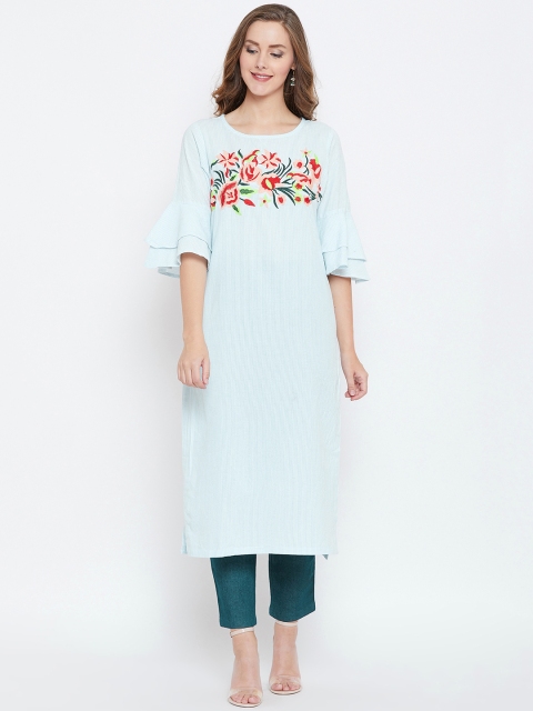 

Aask Women Turquoise Blue Floral Embroidered Straight Kurti