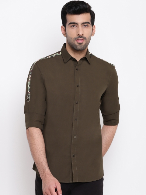 

AC&F Men Olive Green Slim Fit Printed Casual Shirt