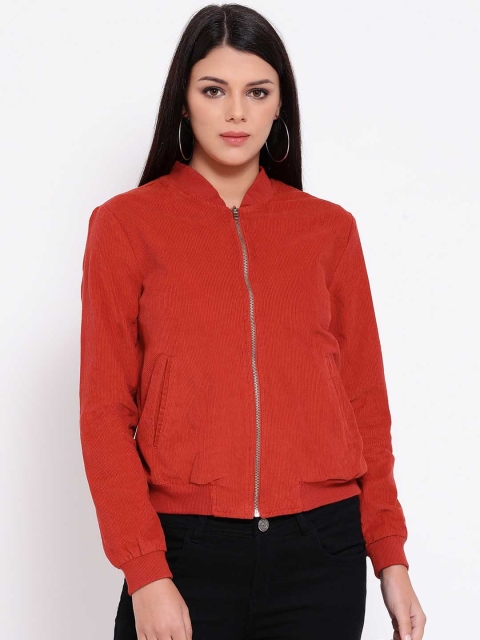 

Oxolloxo Women Red Solid Corduroy Bomber Jacket