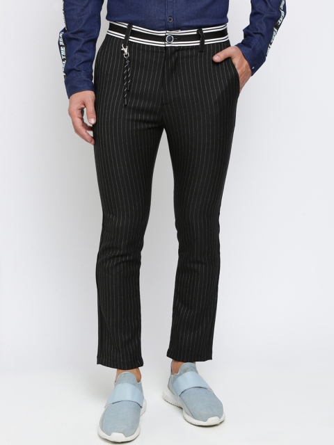 

Breakbounce Men Black Tapered Fit Striped Regular Trousers