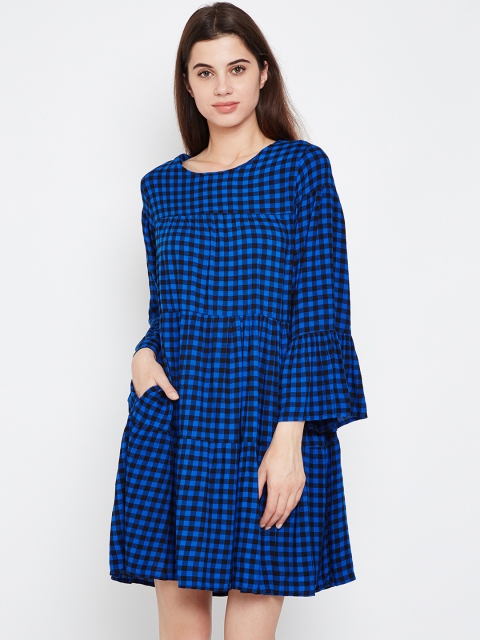 

Oxolloxo Women Blue & Black Checked Fit and Flare Dress