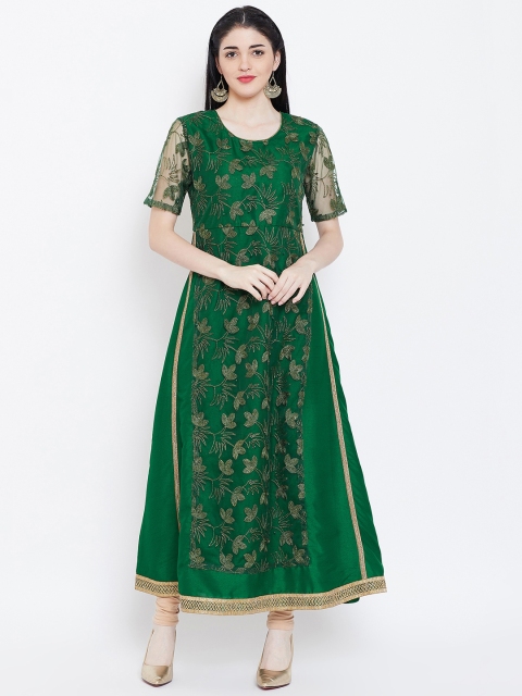 

studio rasa Women Green Floral Embroidered A-Line Layered Kurta