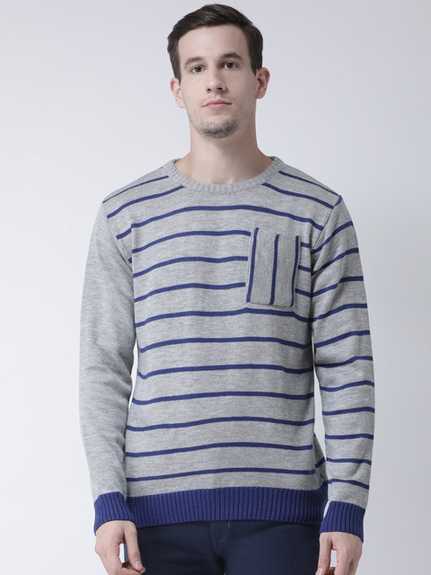 

Club York Men Grey & Blue Striped Pullover Sweater