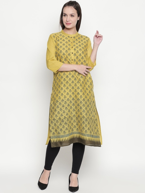 

RANGMANCH BY PANTALOONS Women Yellow & Green Printed Straight Kurta