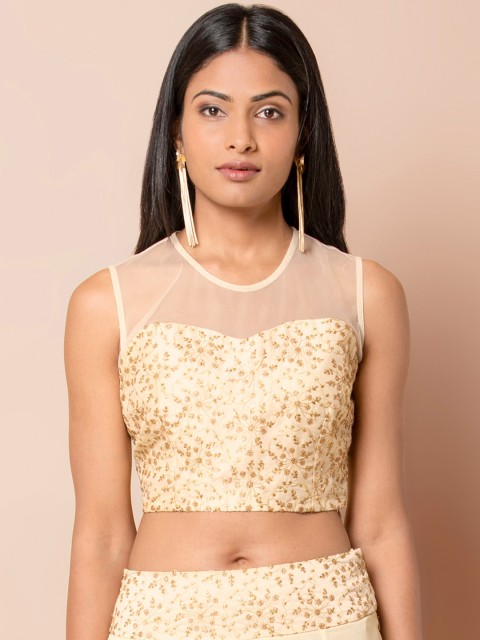 

INDYA Women Cream-Coloured & Gold-Coloured Embellished Crop Top