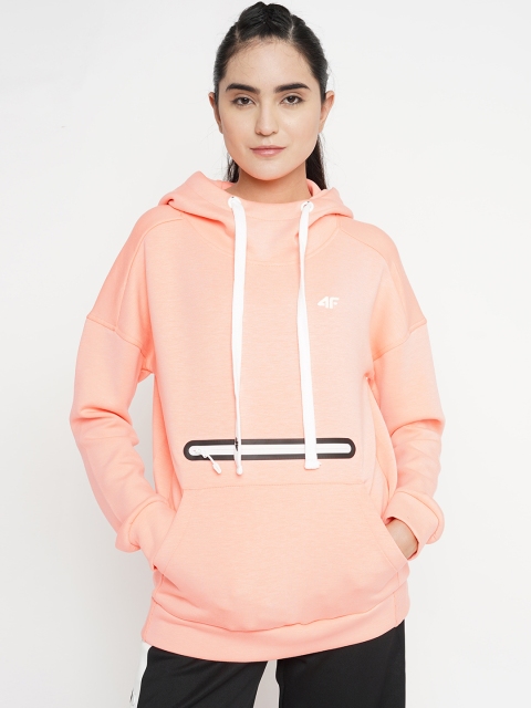 

4F Women Coral Neon Solid Hooded Sweatshirt