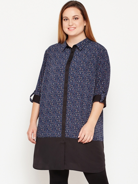 

Oxolloxo Women Navy Blue & Black Regular Fit Printed Longline Casual Shirt