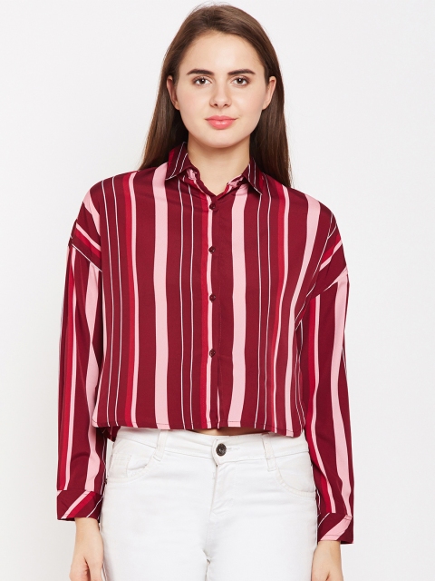 

Oxolloxo Women Red & Pink Regular Fit Striped Crop Casual Shirt