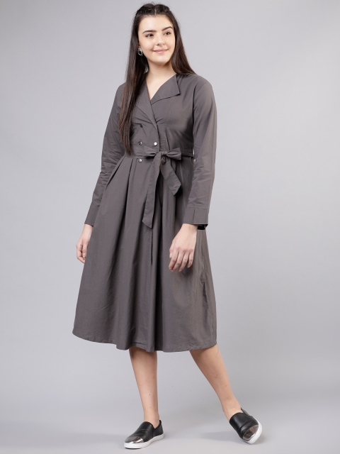 

Tokyo Talkies Women Solid Grey Double Breasted Shirt Dress