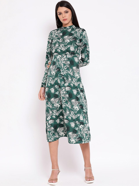 

Oxolloxo Women Green & White Tropical Print Fit and Flare Dress