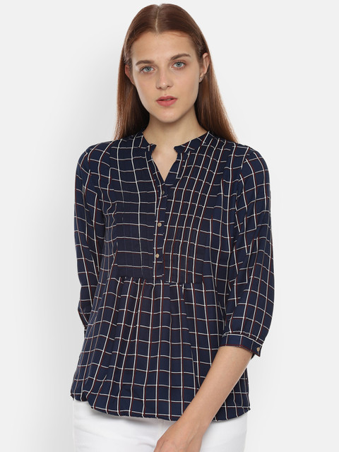 

Van Heusen Woman Navy Blue Checked Shirt Style Top
