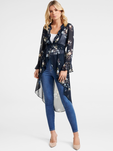 

Forever New Women Navy Blue Printed Cinched Waist Top