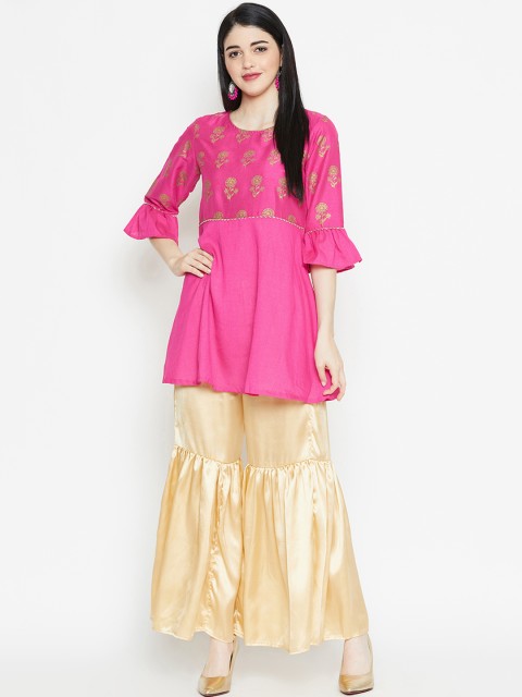 

studio rasa Women Fuchsia & Gold-Toned Block Printed Kurti with Sharara