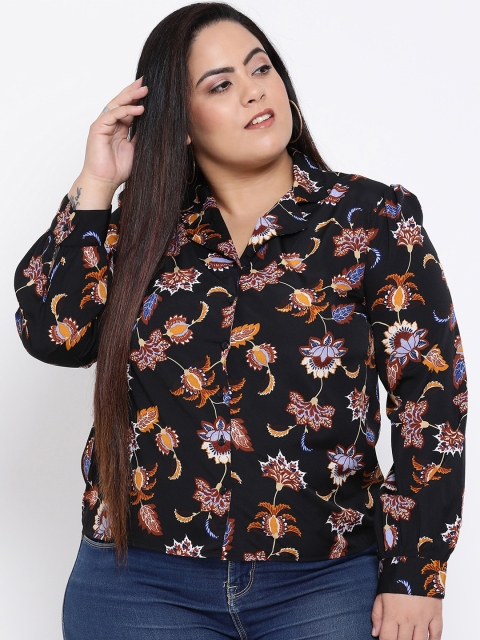 Oxolloxo Women Black & Orange Regular Fit Printed Casual Shirt
