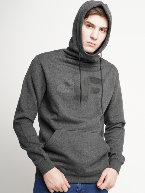 

4F Men Dark Grey Melange Printed Hooded Sweatshirt