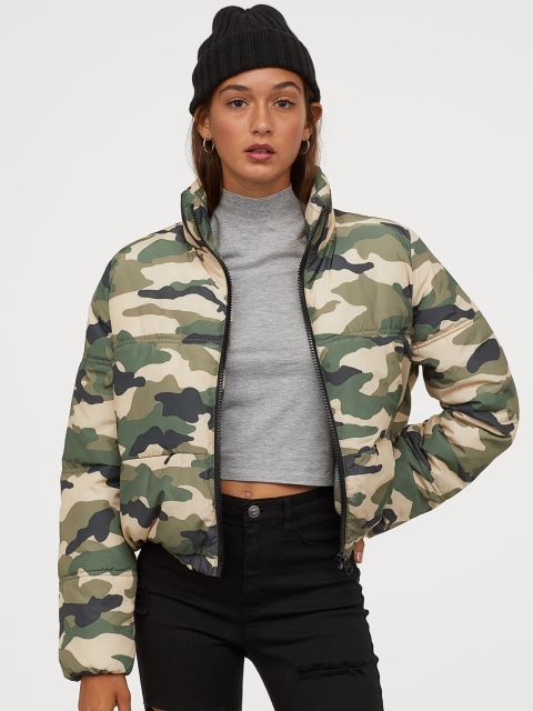 

H&M Women Green & Beige Printed Padded Jacket