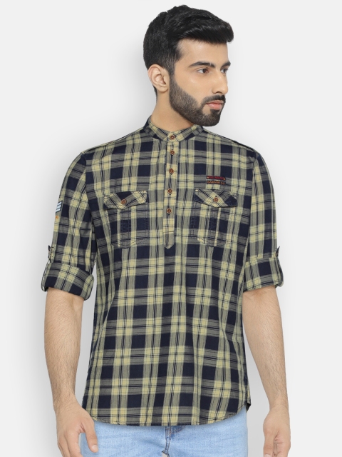 

The Indian Garage Co Men Beige & Navy Blue Checked Straight Kurta