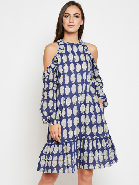 

Nun Women Printed Blue & White Paisley Print Drop-Waist Dress