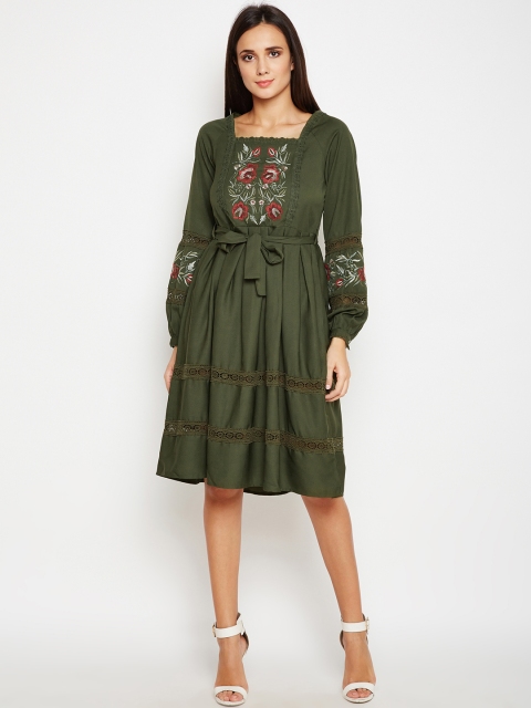 

Oxolloxo Women Olive Green Embroidered Fit and Flare Dress