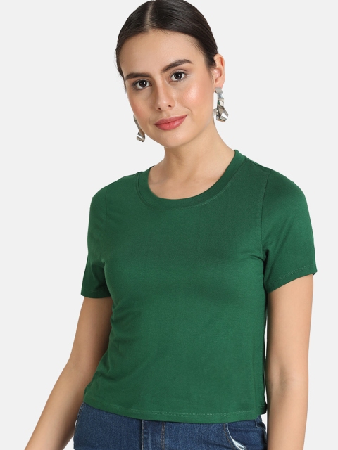 

VividArtsy Women Green Solid Round Neck Crop T-shirt
