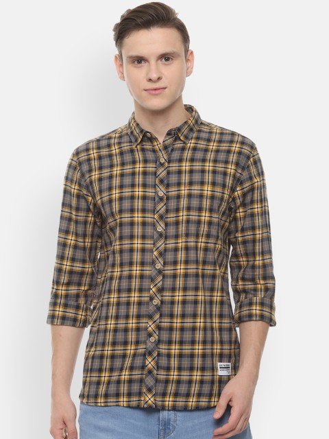 

People Men Grey & Mustard Yellow Slim Fit Checked Casual Shirt