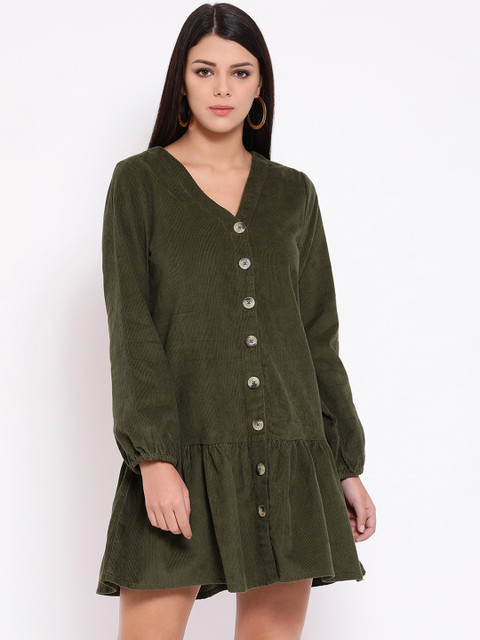 

Oxolloxo Women Olive Green Solid Corduroy Drop-Waist Dress