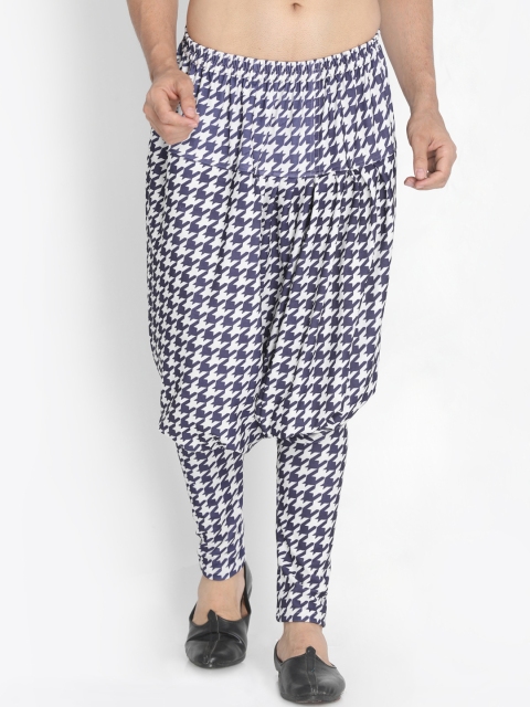 

VASTRAMAY Men White & Navy Blue Houndstooth Printed Harem Pants