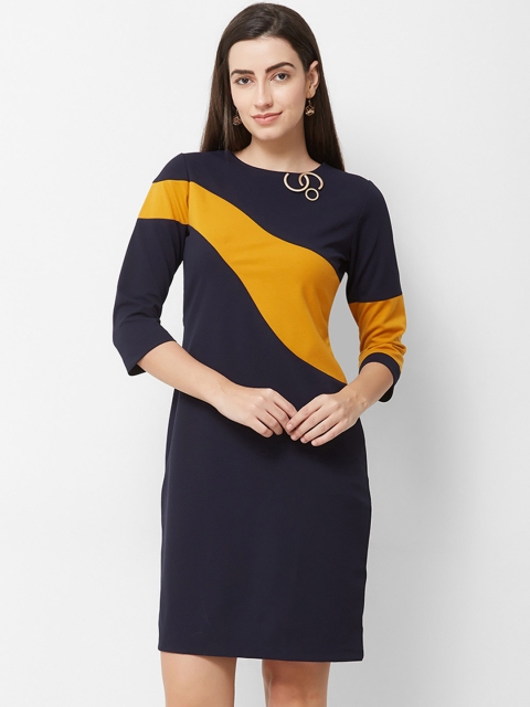 

Soie Women Colourblocked Navy Blue & Mustard Yellow Sheath Dress