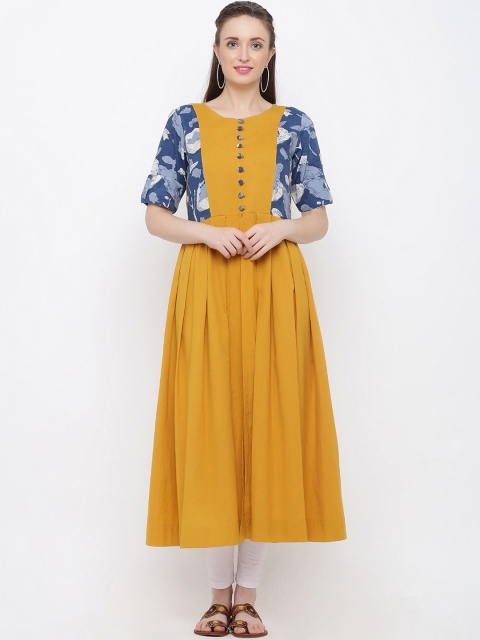 

Indian Virasat Women Mustard Yellow Printed A-Line Kurta
